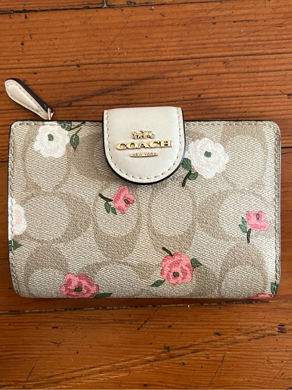 Coach Floral Signature Small Wallet in Cream, Pink and Green